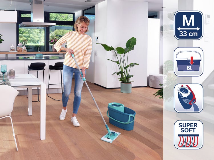 Leifheit Set CLEAN TWIST Flachwischer Ergo 2.0 mit Kraftreiniger, Bodenwischer mit Mikrofaser Bezug für nebelfeuchte Reinigung auf Laminat und Fliesen, Wischmopp mit Schleudertechnologie
