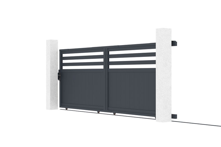 Doppelflügeltor aus Aluminium mit horizontalen Lamellen