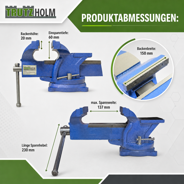 Technische Zeichnung der Abmessungen eines Trutz Holm Schraubstocks mit Backenbreite 150 Millimeter und Spannweite 137 Millimeter.