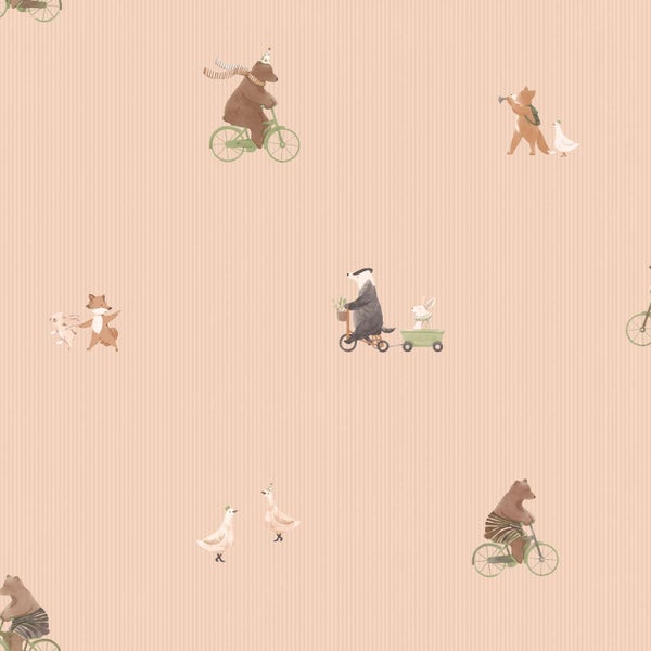 Kindertapete mit Waldtiermotiven wie Bären und Füchsen auf Fahrrad auf gestreiftem Untergrund