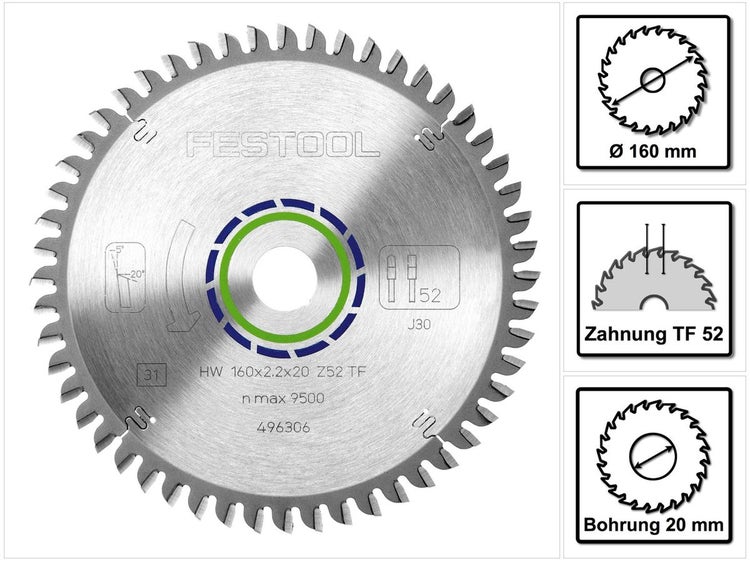 Festool Spezial Kreissägeblatt HW 160 x 20 x 2,2 mm TF52 160 mm 52 Zähne ( 496306 )