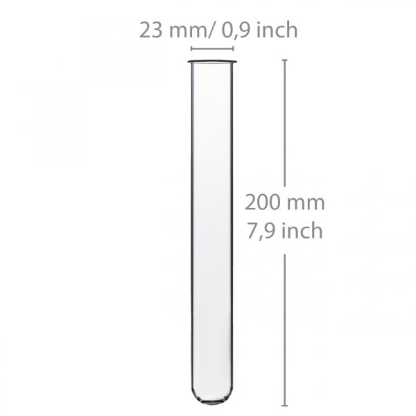 Reagenzglas aus Klarglas mit einem Durchmesser von 23 Millimetern und einer Länge von 200 Millimetern.