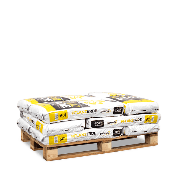 Palette mit Galamio Pflanzerde, torfreduziert, 60 Liter pro Sack.
