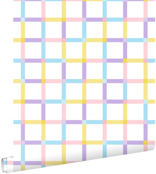Tapete mit Karomuster in Pastelltönen, teilweise abgerollt.