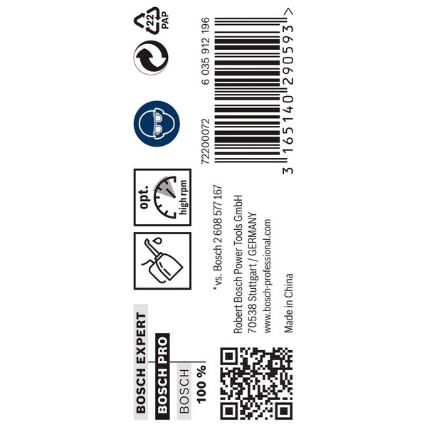 Papierverpackungssymbol, Augenschutz erforderlich, Symbol für optimale Drehzahl, Schmieröl-Symbol, Bosch Experte, Bosch Pro, Robert Bosch Firmenlogo, Barcode, Hergestellt in China.