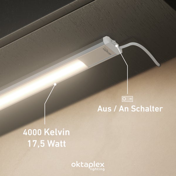 LED Unterbauleuchte von Oktaplex Lighting mit 4000 Kelvin und 17,5 Watt inklusive Ein Aus Schalter montiert unter einem Schrank