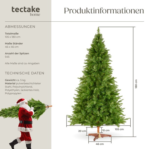 Infografik mit Maßen für einen künstlichen Weihnachtsbaum mit 180 Zentimeter Höhe, 105 Zentimeter Durchmesser und Ständer von tectake home.