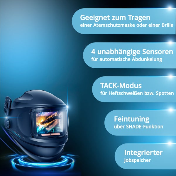 Schweißhelm mit automatischer Abdunkelung, geeignet für Atemschutzmasken und Brillen