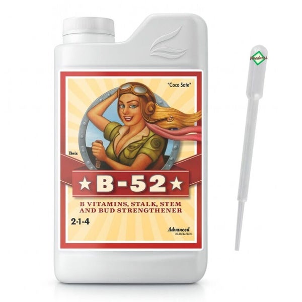 Advanced Nutrients B-52 Flüssigdünger mit Vitamin B Komplex zur Pflanzenstärkung und eine Kunststoffpipette mit Weedness Logo.