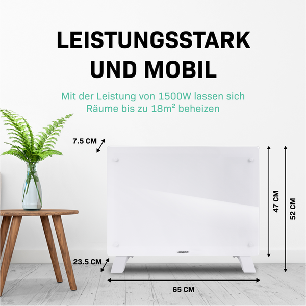 Weißer VONROC Heizkörper mit den Maßen 65 cm Länge, 52 cm Höhe und 7.5 cm Tiefe.
