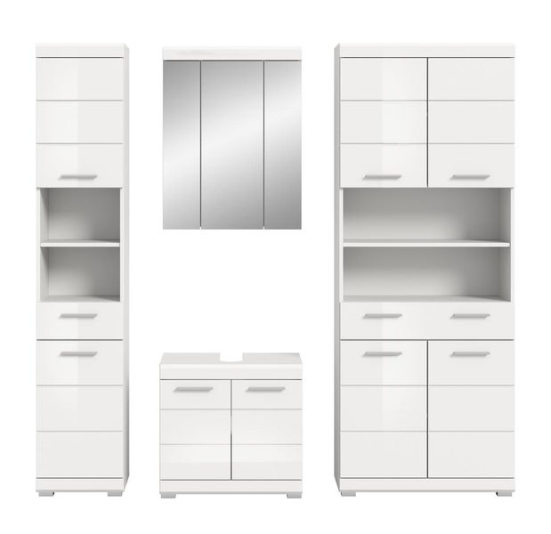 Modernes Badezimmermöbel-Set in Weiß, bestehend aus Hochschrank, Spiegelschrank, Waschbeckenunterschrank und Highboard mit Griffen.