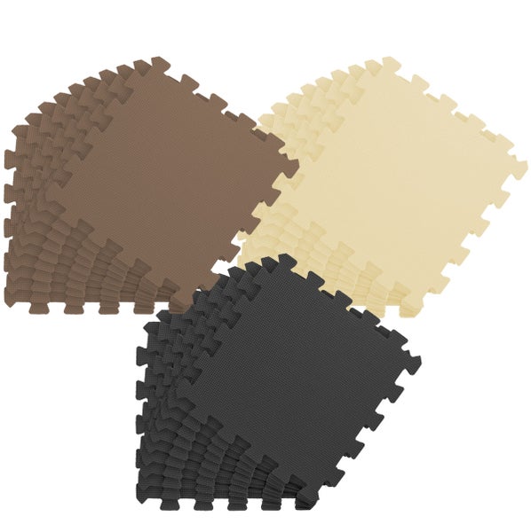 Stapelbare Bodenschutzmatten aus Schaumstoff in Braun, Beige und Schwarz mit Puzzle-Rand und strukturierter Oberfläche.