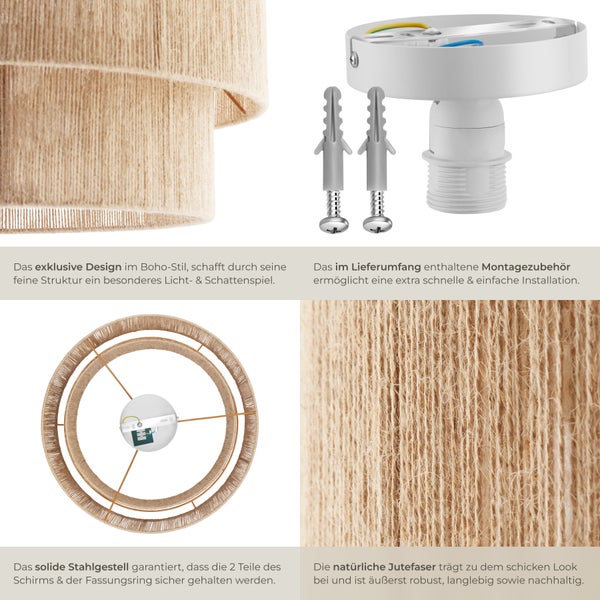 Detailansichten der Pendelleuchte mit Jute-Schirm im Boho-Stil, inklusive Montagezubehör.
