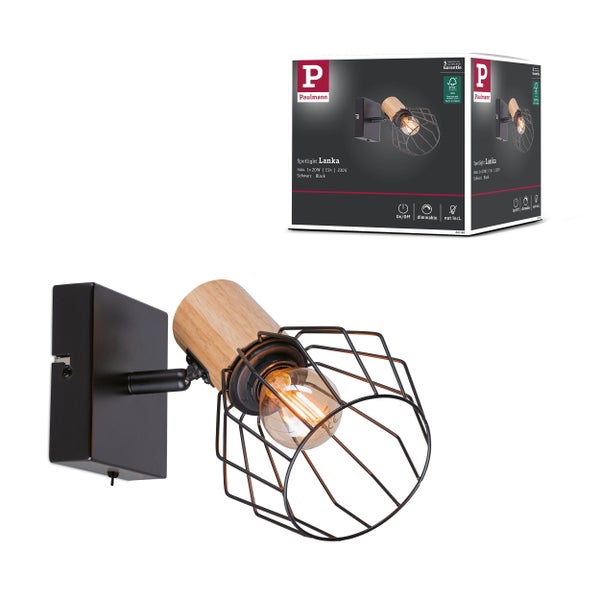 Paulmann Lanka Wandspot mit Holz und schwarzem Metallkäfig sowie Produktverpackung