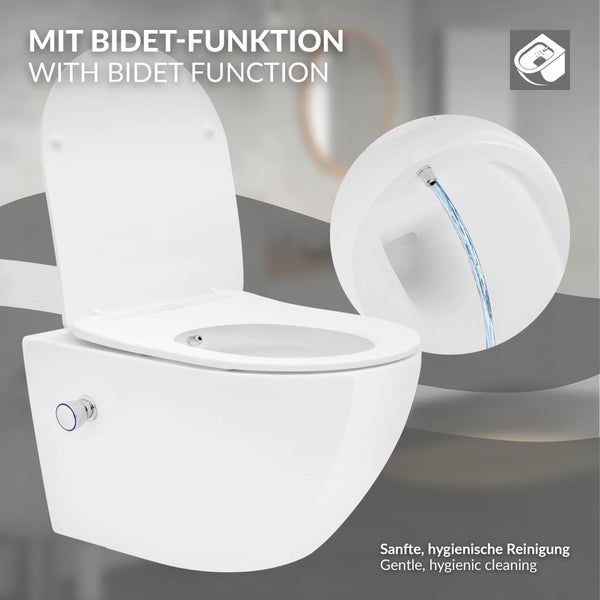 LuxeBath Wand WC Spülrandlos mit Bidet-Funktion, Weiß, Tiefspüler Keramik Hänge WC, lang 53,5 cm, Dusch WC Nano Beschichtung, Tornadospülung, Glänzende Kloschüssel Hängend mit WC-Sitz Absenkautomatik