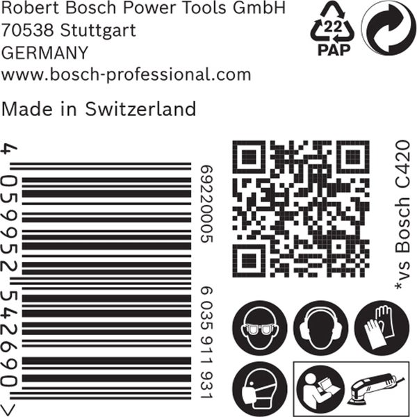 Produktinformationen mit Herstellerangaben, Barcode, QR-Code und Sicherheitshinweisen