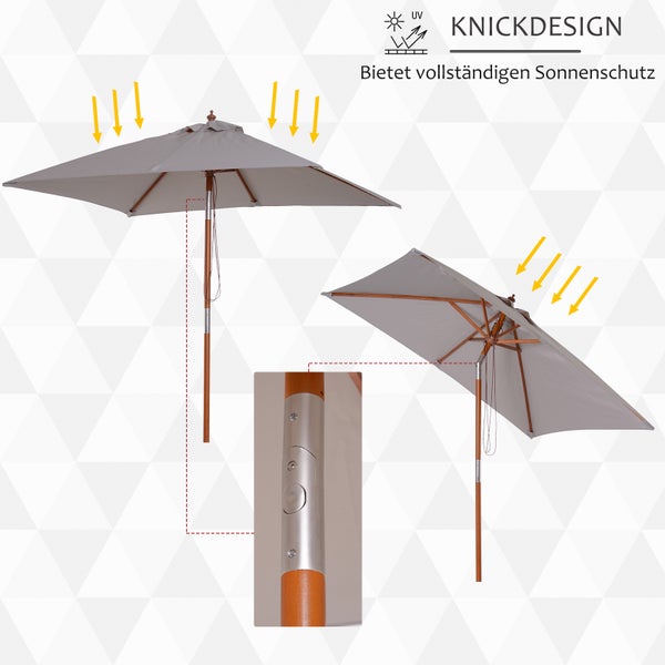 Sonnenschirm mit Knickfunktion, Holzmast und grauem Stoff, bietet UV-Schutz und vollständigen Sonnenschutz.