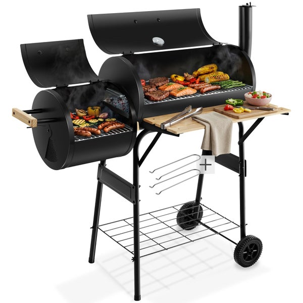 Offset Smoker Grill mit zwei Grillkammern und Ablagefläche aus Holz sowie Ablagegitter für Fleisch und Gemüse