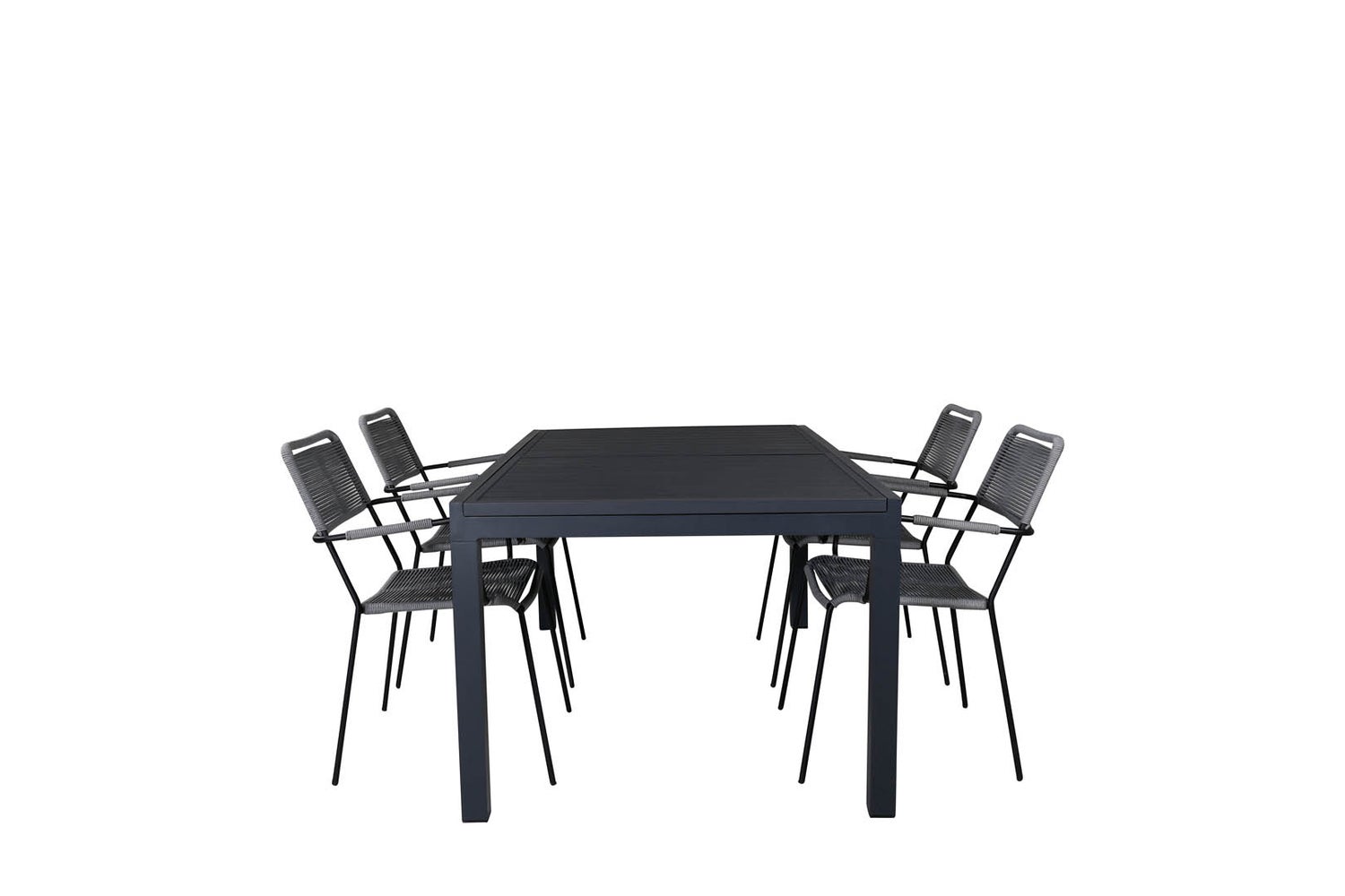 Marbella Gartenset Tisch 100x160/240cm und 4 Stühle Armlehne Lindos schwarz.