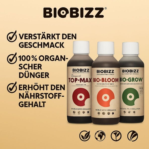 Biobizz Logo mit Top-Max, Bio-Bloom und Bio-Grow Flüssigdünger. 100 Prozent organischer Dünger für mehr Nährstoffe und besseren Geschmack.