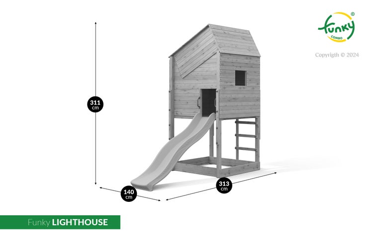 Spielturm Funky Combo LIGHTHOUSE aus Holz mit Rutsche und Leiter. Höhe 311, Breite 313, Tiefe 140 Zentimeter. Funky Combo Logo.