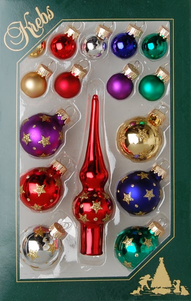 Multicolor Mini-Dekoset aus Glas, 16tlg., 2cm, 3cm Kugeln, 12cm Spitze, handdekoriert, 16 Stck., Weihnachtsbaumkugeln, Christbaumschmuck, Weihnachtsbaumanhänger