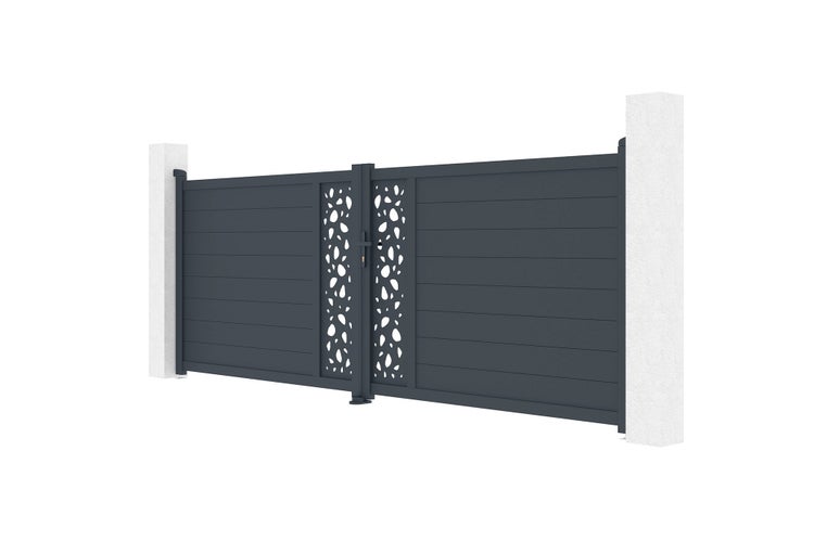 Zweiflügeliges Einfahrtstor aus Aluminium mit horizontalen Lamellen und einem dekorativen Lochmuster in der Mitte.