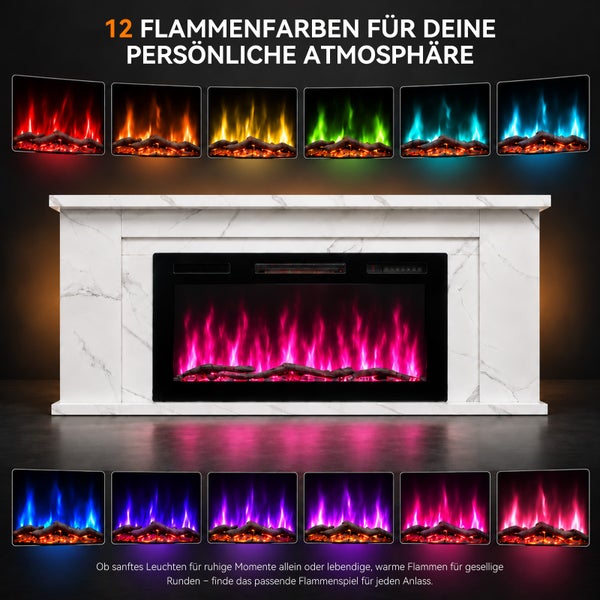 Elektrischer Kamin mit weißer Marmoroptik und zwölf einstellbaren Flammenfarben für verschiedene Lichtstimmungen.
