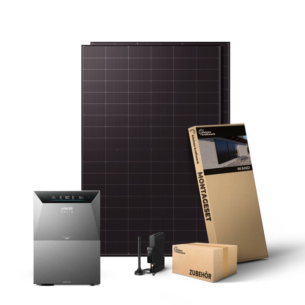Balkonkraftwerk Set mit zwei Solarmodulen, Anker Solix Solarbank, Montageset für die Wand und Zubehörbox.