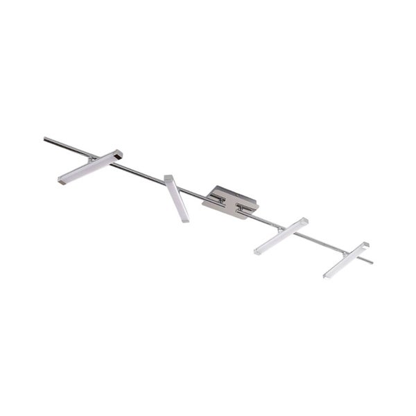 Moderne vierflammige LED-Deckenleuchte aus Metall in Chrom-Optik mit verstellbaren, länglichen Leuchtköpfen.
