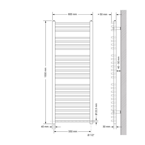 LuxeBath Elektrischer Badheizkörper Sahara 600 x 1500 mm Chrom gebogen Seitenanschluss & Heizstab 1200W mit Thermostat Touchbedienung, Handtuchheizkörper mit Heizpatrone, Elektro Bad Handtuchwärmer