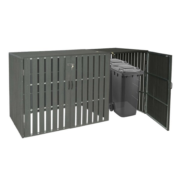 Mülltonnenbox mit zwei Türen und einer geöffneten Tür daneben, darin eine Mülltonne
