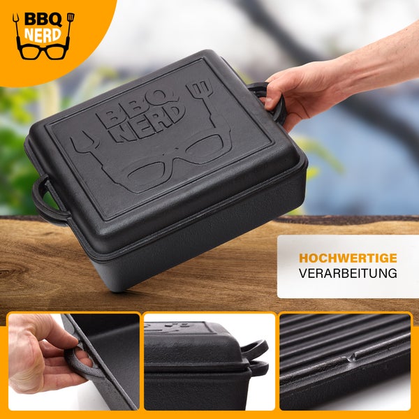 BBQ-Nerd Dutch Oven 10,8 L - rechteckiger Feuertopf mit Deckel/Bratpfanne | Feuerfeste Gusseisenpfanne zum Schmoren, Braten und Backen - ideal für Camping & BBQ