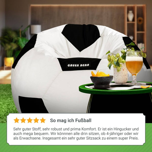 Green Bean Fußball-Sitzsack fertig befüllt 250L EPS Perlen - Kinder & Erwachsene 90cm Bean Bag Riesensitzsack Liegekissen Lounge Chair Sitzkissen Waschbarer Bezug Gaming Sessel Schwarz/Weiß