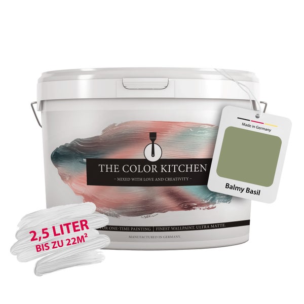 The Color Kitchen ultramatte Wandfarbe Balmy Basil, 2,5 Liter für bis zu 22 Quadratmeter, hergestellt in Deutschland.