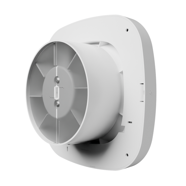 Badlüfter oder Kleinraumventilator in der Rückansicht mit rundem Rohranschluss, Ventilatorflügeln und quadratischer Montageplatte.
