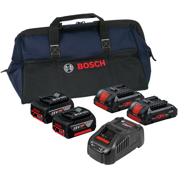 Bosch Werkzeugtasche mit zwei 18 Volt Akkus, zwei Bosch Pro Core Akkus und einem Ladegerät