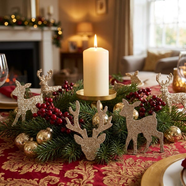 Festlicher Weihnachtstischschmuck mit Kerze, Tannengrün, Beeren, Glitzerhirschen und Christbaumkugeln auf einem Tischläufer.