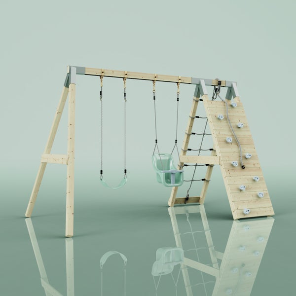 Schaukelgestell aus Holz mit Brettschaukel, Babyschaukel, Kletterwand, Klettertau und Strickleiter.