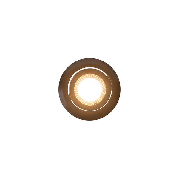 Runder Einbaustrahler in Schwarz, schwenkbar, mit warmweißer LED-Beleuchtung.