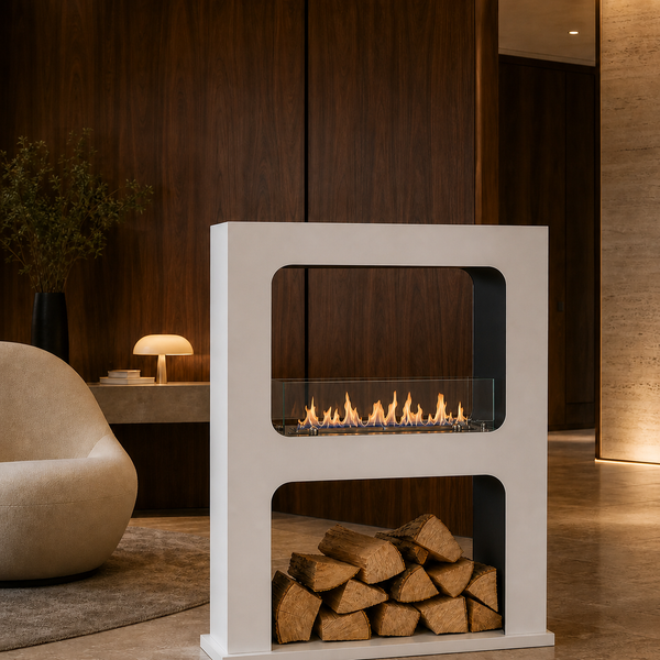 Freistehender Bioethanolkamin in moderner weißer Rahmenoptik mit brennender Flamme und integriertem Holzfach in einem eleganten Wohnraum.