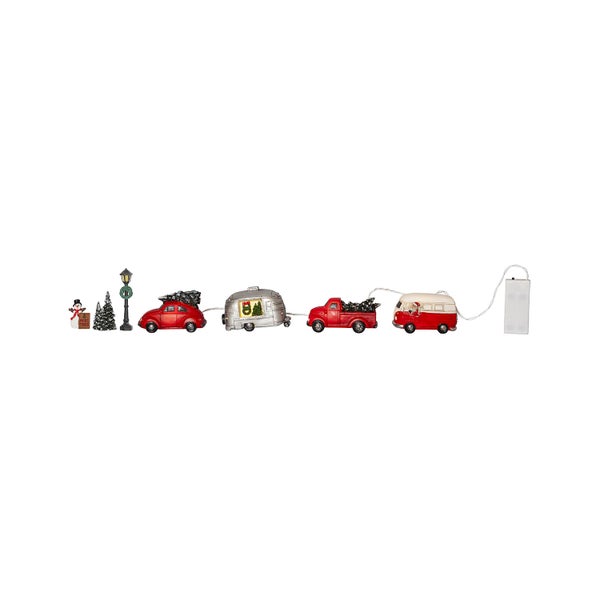 Weihnachtsbeleuchtung mit Weihnachtsmann, Tannenbaum, Laterne, Auto, Wohnwagen, Lieferwagen und LKW