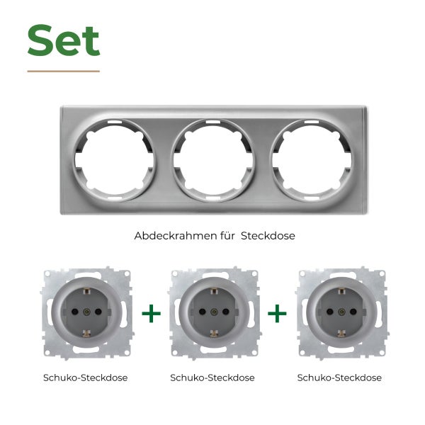 Set bestehend aus einem dreifachen Abdeckrahmen und drei Schuko Steckdoseneinsätzen für die Unterputzmontage