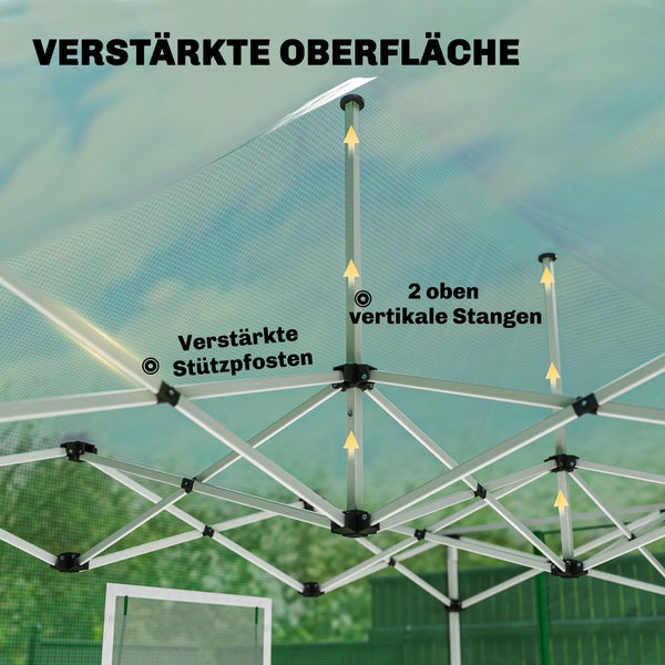 Innenansicht eines Pavillongestells mit verstärkter Oberfläche, Stützpfosten und zwei vertikalen Stangen oben.