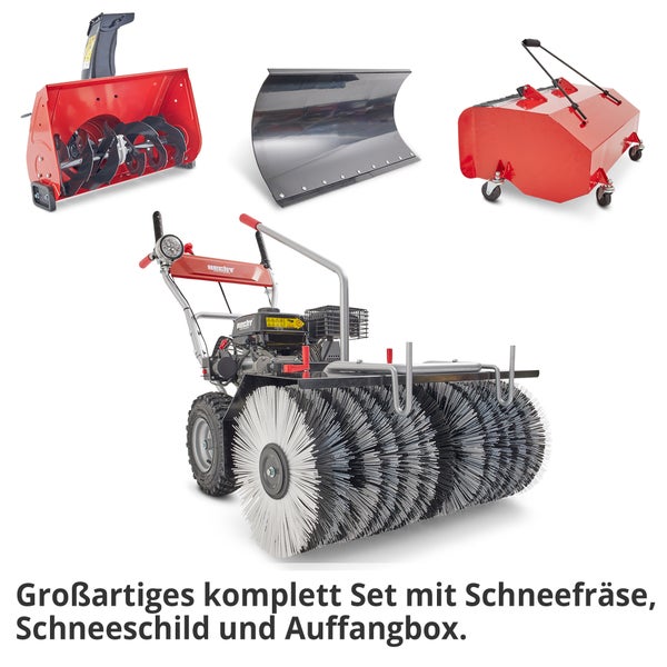 Komplettes Set mit Kehrmaschine, Schneefräse, Schneeschild und Auffangbehälter