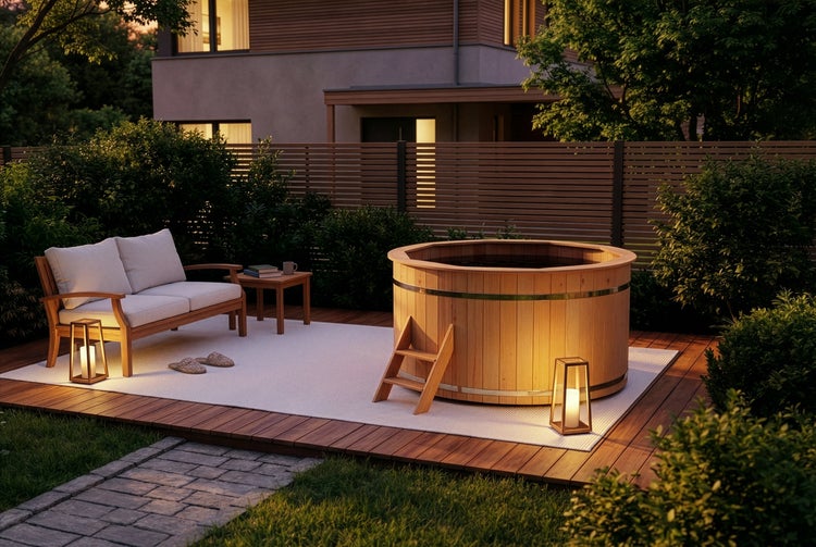 Rundes Badefass aus Holz mit kleiner Leiter auf einer Holzterrasse mit Gartensofa, Beistelltisch und hellem Teppich in einem grünen Garten.
