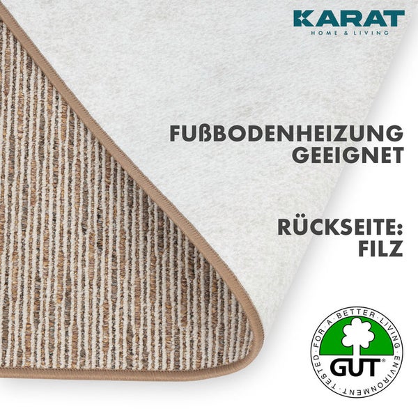 Teppich mit Filzrückseite, für Fußbodenheizung geeignet. Karat Home and Living Logo. GUT Siegel für ein besseres Wohnumfeld.