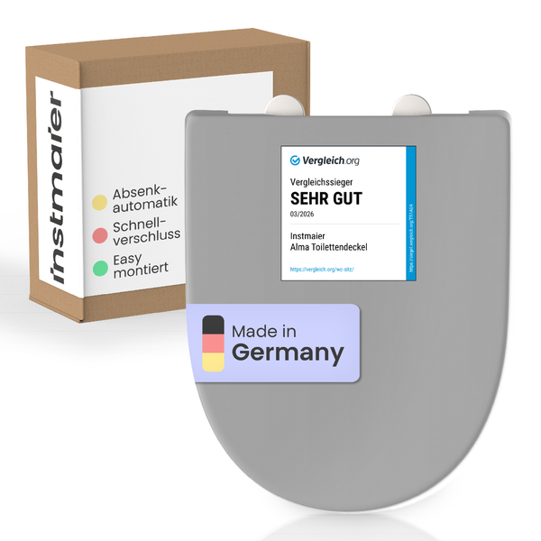 Grauer Instmaier Alma Toilettendeckel mit Absenkautomatik, Schnellverschluss und Siegel Vergleichssieger Sehr gut. Hergestellt in Deutschland.