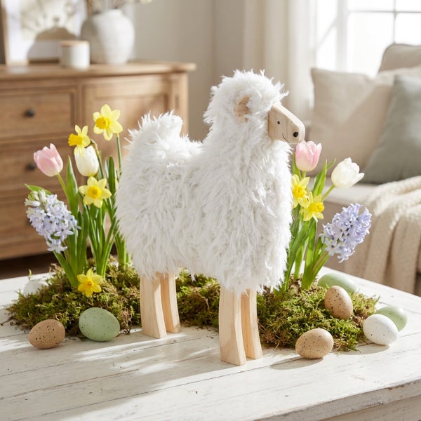 Osterdekoration mit einem flauschigen Schaf aus Textil und Holz, umgeben von Frühblühern, Moos und Ostereiern als festliches Tischgesteck.