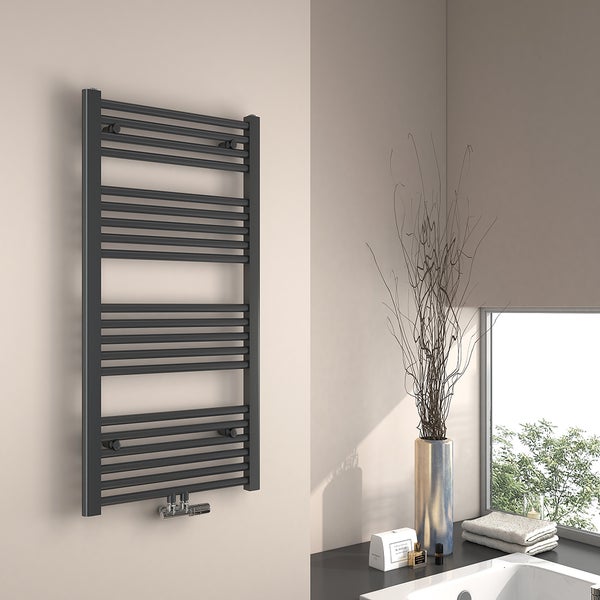 EMKE Badheizkörper Handtuchwärmer Handtuchtrockner 50 x 100 cm für Badezimmer, Mittelanschluss Wasserbetrieb, zentral beheizt, Rundrohr, 10 bar, 451W Anthrazit